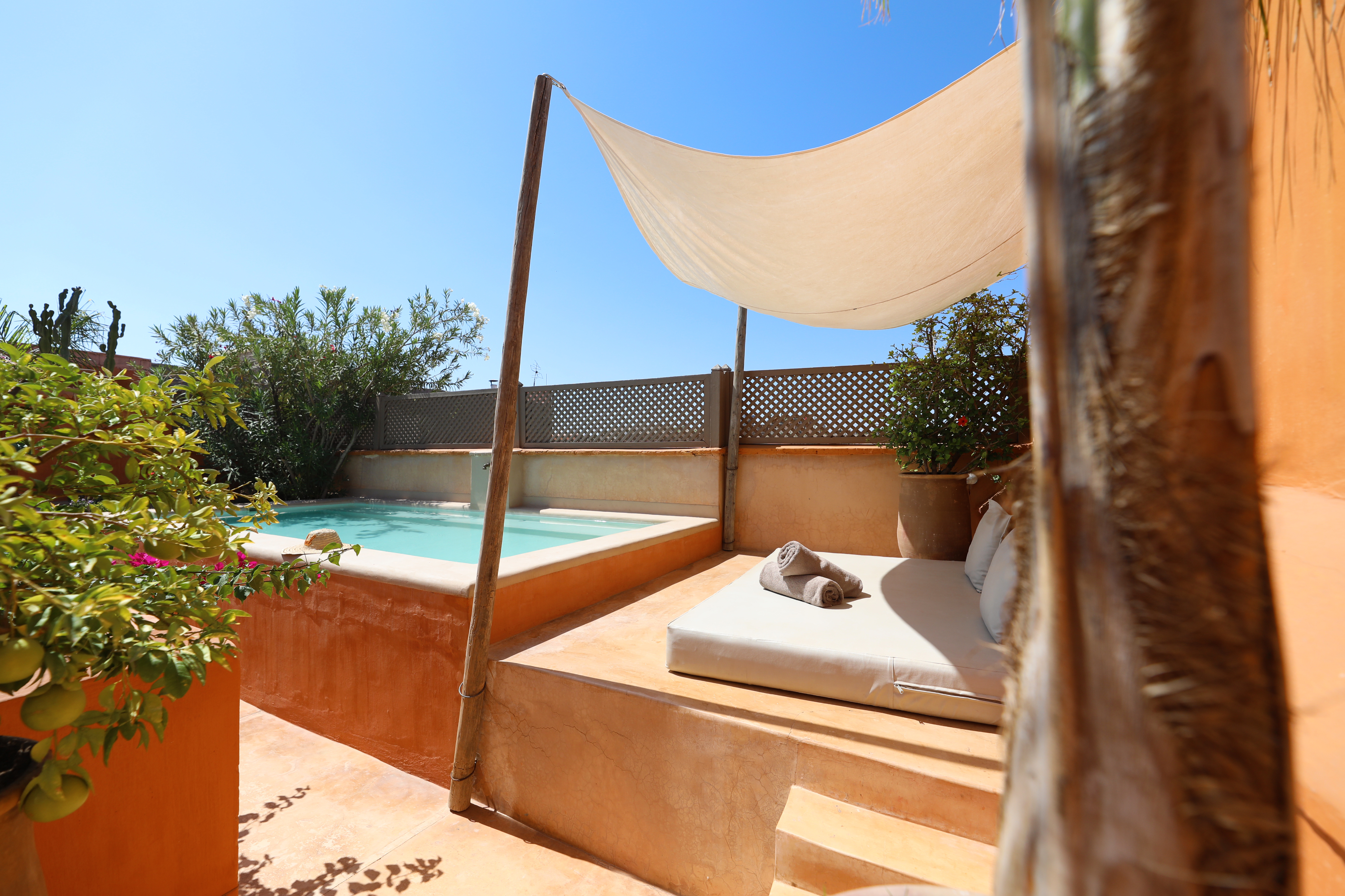 Dar Akal's rooftop pool and shaded daybed beneath a clear blue sky